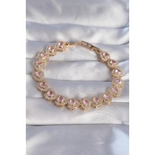 Pileli Store Pilelistore Vip Seri Pirinç Gold Renk Pembe Zirkon Taşlı Kalp Tasarımlı Bileklik - TJ-BB6127