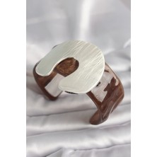 Pileli Store Pilelistore Kahverengi Mermer Desen Akrilik Plastik Gümüş Plaka Model Vintage Kadın Bilezik - TJ-BB6668