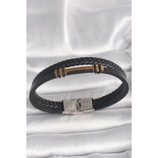 Pileli Store Pilelistore 316L Çelik Gold Renk Zikzak Işlemeli Aksesuarlı Çift Sıra Burgu Desenli Deri Kordon Erkek Bileklik - TJ-EB3705