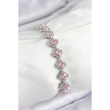 Pileli Store Pilelistore Pirinç Zirkon Taşlı Pembe Yonca Baget Model Gümüş Renk Vıp Seri Kadın Bileklik - TJ-BB7505