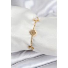 Pileli Store Pilelistore 316L Çelik Gold Renk Beyaz ve Zirkon Taşlı Baby Boy Yonca Kadın Bileklik - TJ-BB7955