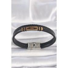 Pileli Store Pilelistore 316L Çelik Gold Renk Aksesuarlı Çift Sıra Siyah Burgu Desenli Deri Kordon Erkek Bileklik - TJ-EB3708