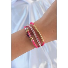 Pileli Store Pilelistore Pembe Renk Zirkon Taşlı Deri Çoklu Bileklik - TJ-BB6350