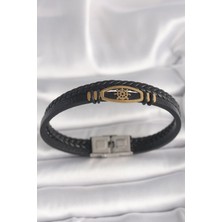 Pileli Store Pilelistore 316L Çelik Gold Renk Gemi Dümen Figür Siyah Renk Çift Sıra Burgu Desenli Deri Kordon Erkek Bileklik - TJ-EB3706