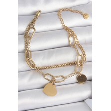 Pileli Store Pilelistore 316L Çelik Gold Renk 2'li Zincir Model Sallantı Kalp Figür Kadın Bileklik - TJ-BB6953