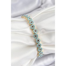 Pileli Store Pilelistore Pirinç Zirkon Taşlı Turkuaz Nazar Model Gold Renk Lastikli Kadın Bileklik - TJ-BB7496