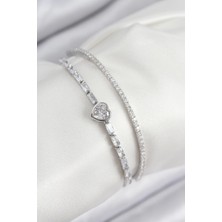 Pileli Store Pilelistore Pirinç Zirkon Taşlı Kalp Model Gümüş Renk Kadın Bileklik - TJ-BB7874