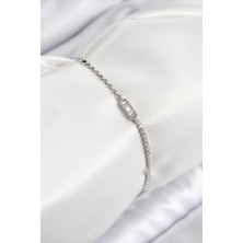 Pileli Store Pilelistore Pirinç Zirkon Taşlı Dikdörtgen Model Ezme Zincir Gümüş Renk Kadın Bileklik - TJ-BB7594