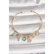 Pileli Store Pilelistore Pirinç Gold Renk Sallantı Zirkon Taşlı Ayıcık Figür Kalp Detay Charm Kadın Bileklik - TJ-BB6894