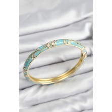 Pileli Store Pilelistore Mineli Pirinç Zirkon Taşlı Turkuaz Çiçek Motifli Gold Kadın Kelepçe - TJ-BB7629