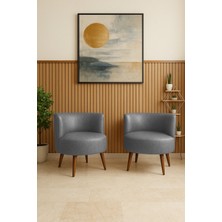 Azra Mobilya Sydney 2 Adet Modern Berjer Tekli Koltuk | Deri Kumaş | Ahşap Ayak | Ofis ve Ev Kullanımı Gri