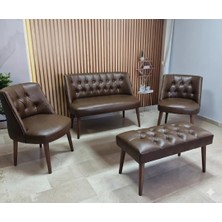 Azra Mobilya Milano Çay Seti Koltuk Takımı - Ofis Takımı - Deri Kumaş - 2+1+1+Bench - Acı Kahve