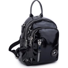 Sose Moda Nas Bag Kadın Dönüştürülebilir Sırt ve Omuz Çantası Şık Geniş Fermuarlı Çanta (24X31X14 Cm) Siyah Krsk Rugan