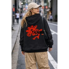 Camblys Unisex Pixel Flower Sırt Baskılı Oversize Kapüşonlu Sweatshirt