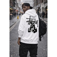 Camblys Unisex Stussy Bilardo Top Baskılı Oversize Kapüşonlu Sweatshirt