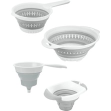 4'lü Akordiyon Katlanır Süzgeç Seti - Mutfak Çeyiz Seti (Akordeon Saplı Pirinç Süzgeci Huni Gri)