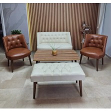 Azra Mobilya Milano Çay Seti Koltuk Takımı - Ofis Takımı - Deri Kumaş - 2+1+1+Bench+Sehpa | Krem Taba