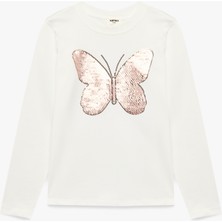 Koton Pullu Payetli Uzun Kollu Bisiklet Yaka Kelebek Baskılı Pamuklu Tişört