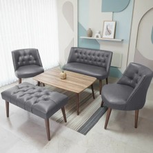 Azra Mobilya Milano Çay Seti Koltuk Takımı - Ofis Takımı - Deri Kumaş - 2+1+1+Bench+Sehpa | Gri
