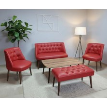 Azra Mobilya Milano Çay Seti Koltuk Takımı - Ofis Takımı - Deri Kumaş - 2+1+1+Bench+Sehpa | Kırmızı