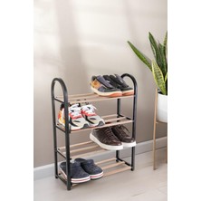 Pazarika Ahşap Çubuklu 4 Bölmeli Siyah Ayakkabılık Masif Ahşap Ayakkabılık Raf Ünitesi