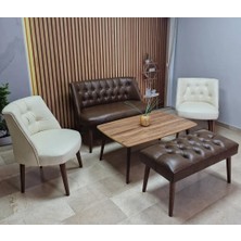 Azra Mobilya Milano Çay Seti Koltuk Takımı - Ofis Takımı - Deri Kumaş - 2+1+1+Bench+Sehpa | Krem Acı Kahve