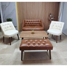 Azra Mobilya Milano Çay Seti Koltuk Takımı - Ofis Takımı - Deri Kumaş - 2+1+1+Bench+Sehpa | Taba Krem