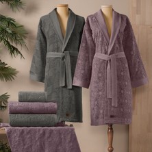 Altınbaşak Armo %100 Pamuk Aile Bornoz Seti Mürdüm/antrasit (6 Parça)