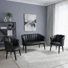 Azra Mobilya Papatya Deri Berjer Takımı | 2 Tekli + 1 Ikili Koltuk | Balkon Ofis Kafe Için | Demonte Ayaklı Siyah