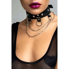 MOTTO10 Butik Zincir ve Halka Detaylı Şık Deri Choker Tasma Boyunluk Aksesuarı APFT654