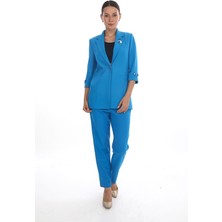 White Diamond Broş Detaylı Ceket Takım 40 - Saks Mavi