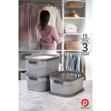 Pazarika 3 Adet 15 Lt Gri Çok Amaçlı Dolap Içi Düzenleyici Kapaklı Kutu, Dekoratif Saklama Kutusu