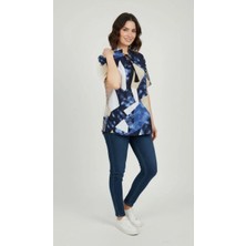 Mevese Kadın Desenli Püsküllü Viskon Bluz Bebe Yaka Kısa Kollu Big Size Rahat Kesim - Desenli