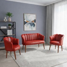 Azra Mobilya Papatya Deri Berjer Takımı | 2 Tekli + 1 Ikili Koltuk | Balkon Ofis Kafe Için Demonte Ayaklı Kırmızı