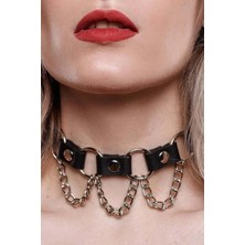 MOTTO10 Butik Zincir ve Halka Detaylı Deri Choker Tasma Boyunluk Aksesuar - APFT662