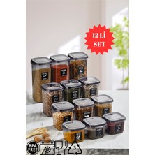 Pazarika 12'li Set Kapaklı Kare Erzak Saklama Kabı Antrasit 3x(0,57 Lt-0,87 Lt -1,17-1.77 Lt) Etiket Hediyeli