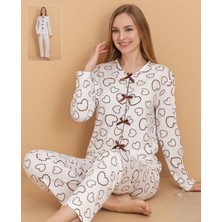 Eta Kadın Kalp Desenli Bağcıklı Pijama Takımı – Uzun Kollu Rahat Ev & Uyku Giyimi