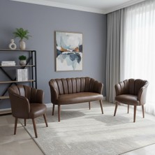 Azra Mobilya Papatya Deri Berjer Takımı | 2 Tekli + 1 Ikili Koltuk Balkon Ofis Kafe Için Demonte Ayaklı Acı Kahve