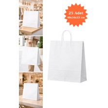Plas+Plus Burgu Saplı Kraft Çanta Beyaz Kağıt Poşet Butik Mağaza Hediye Tatlı Torbası 40X16X33 cm 25LI
