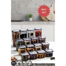 Pazarika 16'lı Set Kapaklı Kare Erzak Saklama Kabı Antrasit 4x(0,57 Lt-0,87 Lt -1,17-1.77 Lt) Etiket Hediyeli