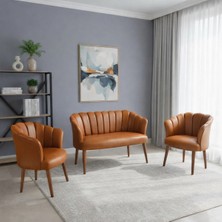 Azra Mobilya Papatya Deri Berjer Takımı | 2 Tekli + 1 Ikili Koltuk | Balkon Ofis Kafe Için | Demonte Ayaklı Taba