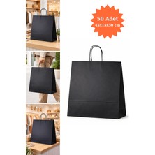 Plas+Plus Elit Burgu Saplı Kraft Çanta Siyah Fsc Sertifikalı Kağıt Poşet Butik Hediye Torbası 45X15X50 cm 50LI