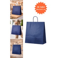 Plas+Plus Elit Burgu Saplı Kraft Çanta Mavi Fsc Sertifikalı Kağıt Poşet Butik Hediye Torbası 36X12X41 cm 50LI