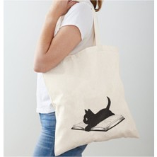 Giftora Kitaplı Kedi Tasarımlı Ham Bez Omuz