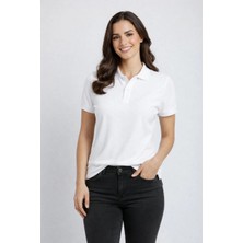 Mevese Kadın Pike Kumaş Düğmeli Yaka Regular Rahat Günlük Kısa Kol Tişört T-Shirt - Beyaz