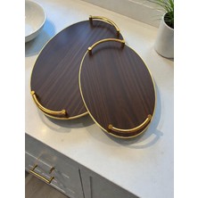 Dore Voir 2 Boy Ahşap Gold Kulplu Tepsi Seti-Koyu Kahverengi/Boy 39,5 cm ve 33,5 cm