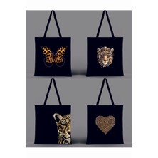 Giftora 4 Adet Leopar Desenli  Baskılı Ham Bez 35X40 Siyah Omuz Çantası