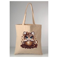 Giftora Leopar Kedicik Desenli Baskılı Ham Bez 35X40 Ekru Omuz Çantası