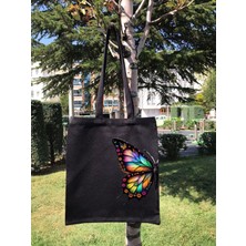 Giftora Kelebek  Bez Çanta Siyah Premium Dtf Tela Kumaş