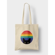 Giftora Gökkuşağı ve Kedi Tasarımlı Ham Bez Omuz Çantası